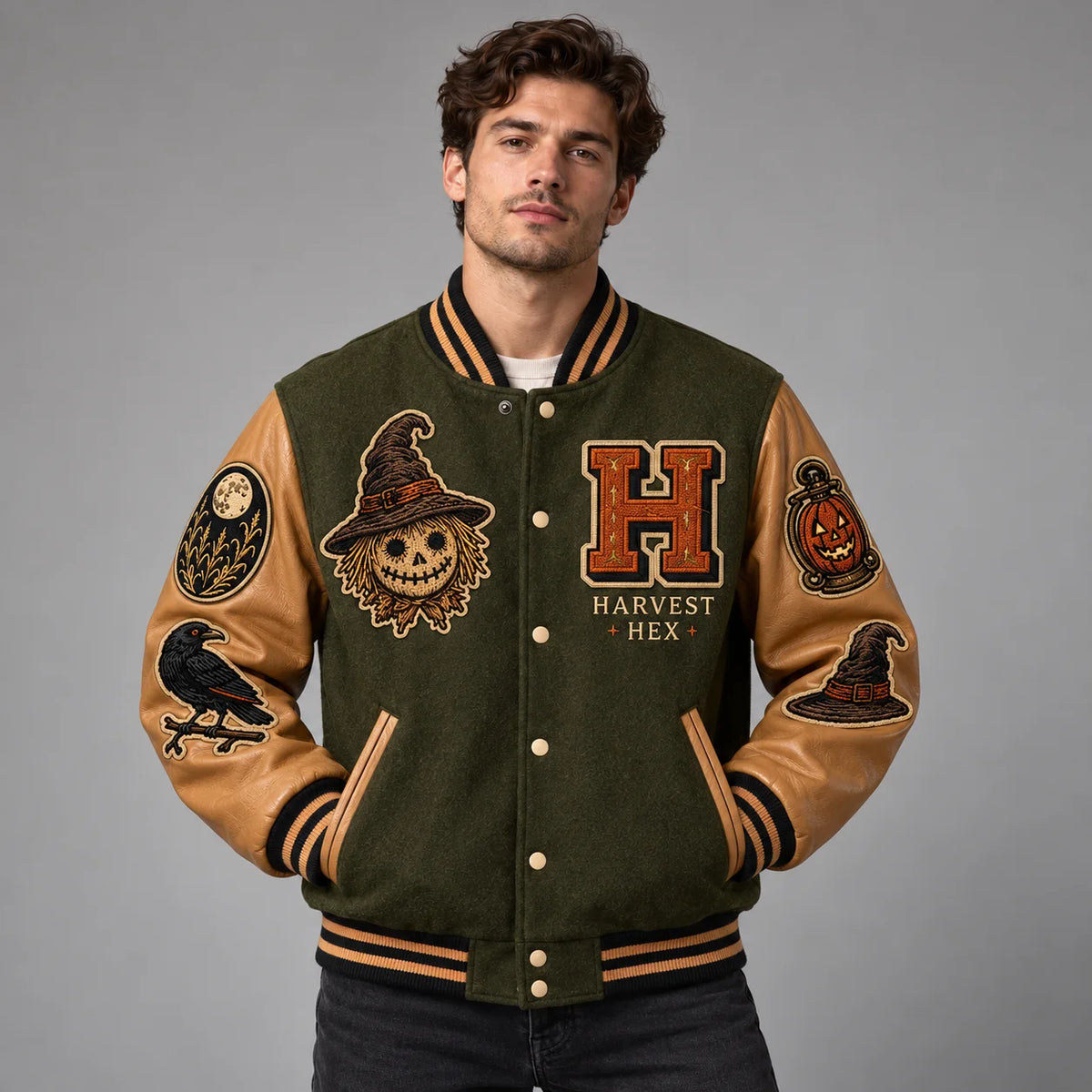 Front studio view of Harvest Hex scarecrow varsity jacket with olive body, tan leather sleeves and autumn Halloween patches