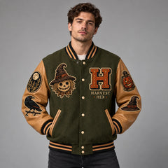 Front studio view of Harvest Hex scarecrow varsity jacket with olive body, tan leather sleeves and autumn Halloween patches