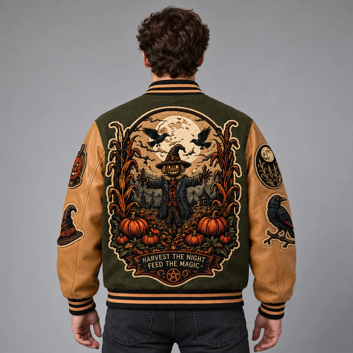 Back studio view of Harvest Hex Halloween jacket showing large scarecrow, pumpkins, ravens, cornfield and full moon embroidery