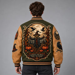 Back studio view of Harvest Hex Halloween jacket showing large scarecrow, pumpkins, ravens, cornfield and full moon embroidery