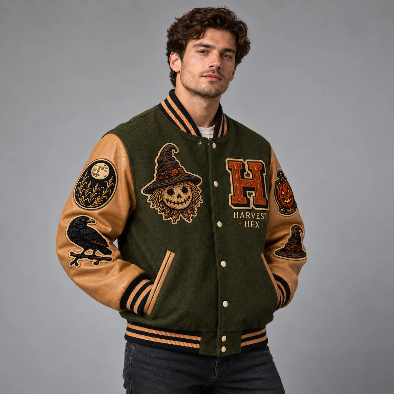 Three-quarter studio view of olive and tan Halloween varsity jacket with scarecrow, raven, moon and witch-hat patches