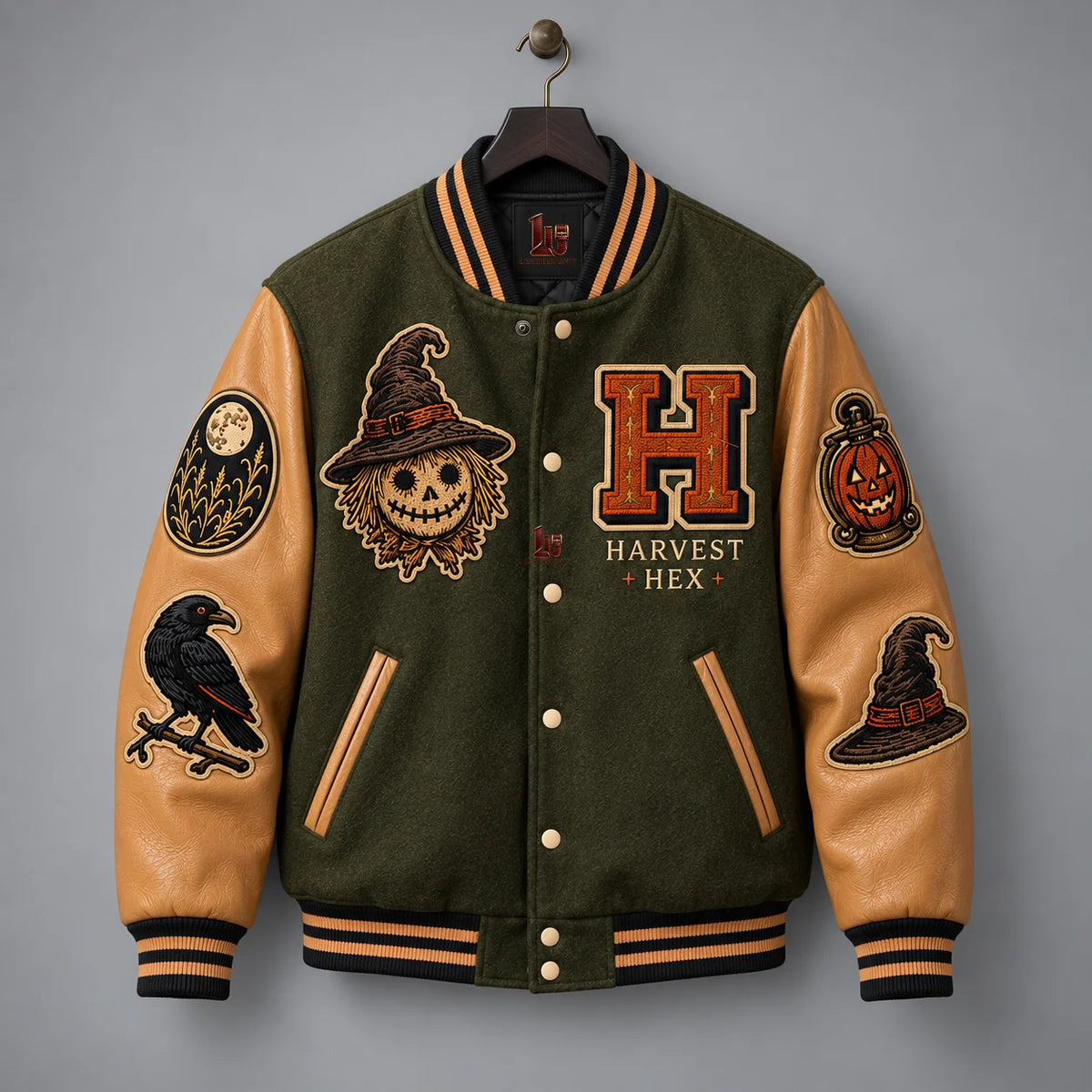 Front hanger view of Harvest Hex varsity jacket with scarecrow, H emblem, pumpkin lantern, raven and moon embroidery