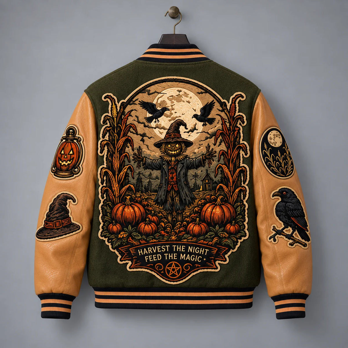 Back hanger view of Harvest Hex scarecrow jacket with pumpkin field, full moon, ravens and Harvest the Night embroidery