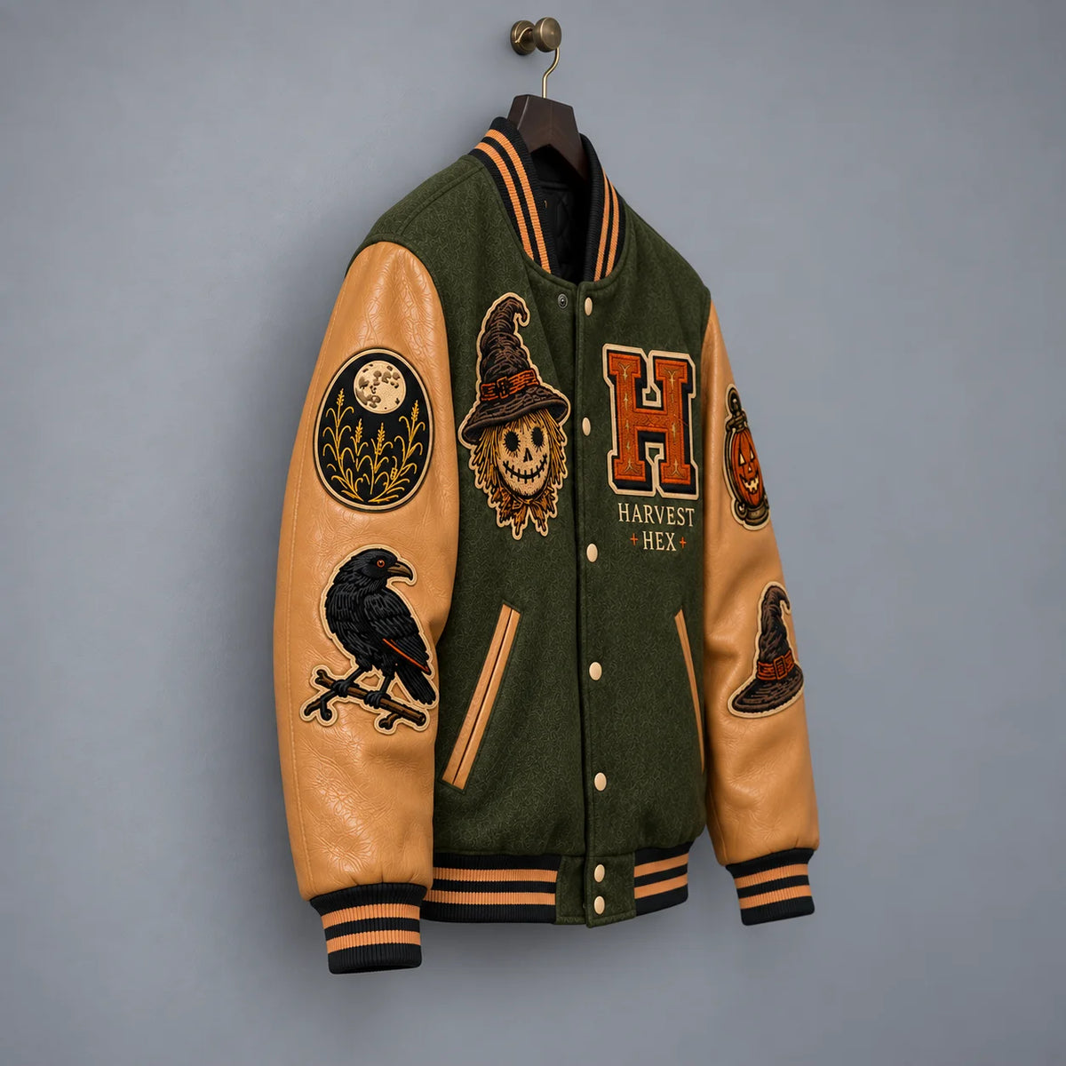 Side hanger view of olive Harvest Hex jacket highlighting tan genuine leather sleeve, moon patch and embroidered raven