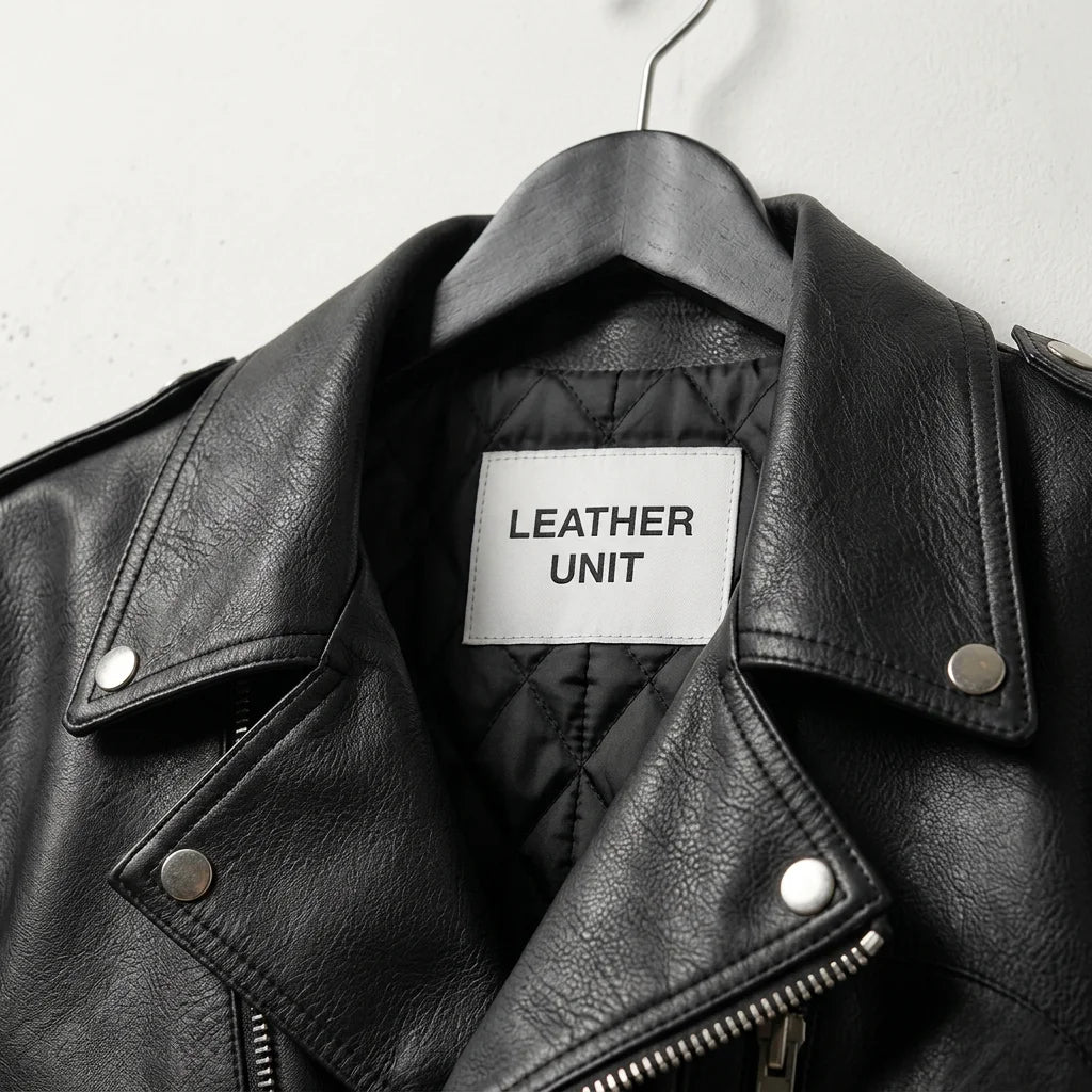 Collar and lapel detail with Leather Unit label on women’s black biker jacket