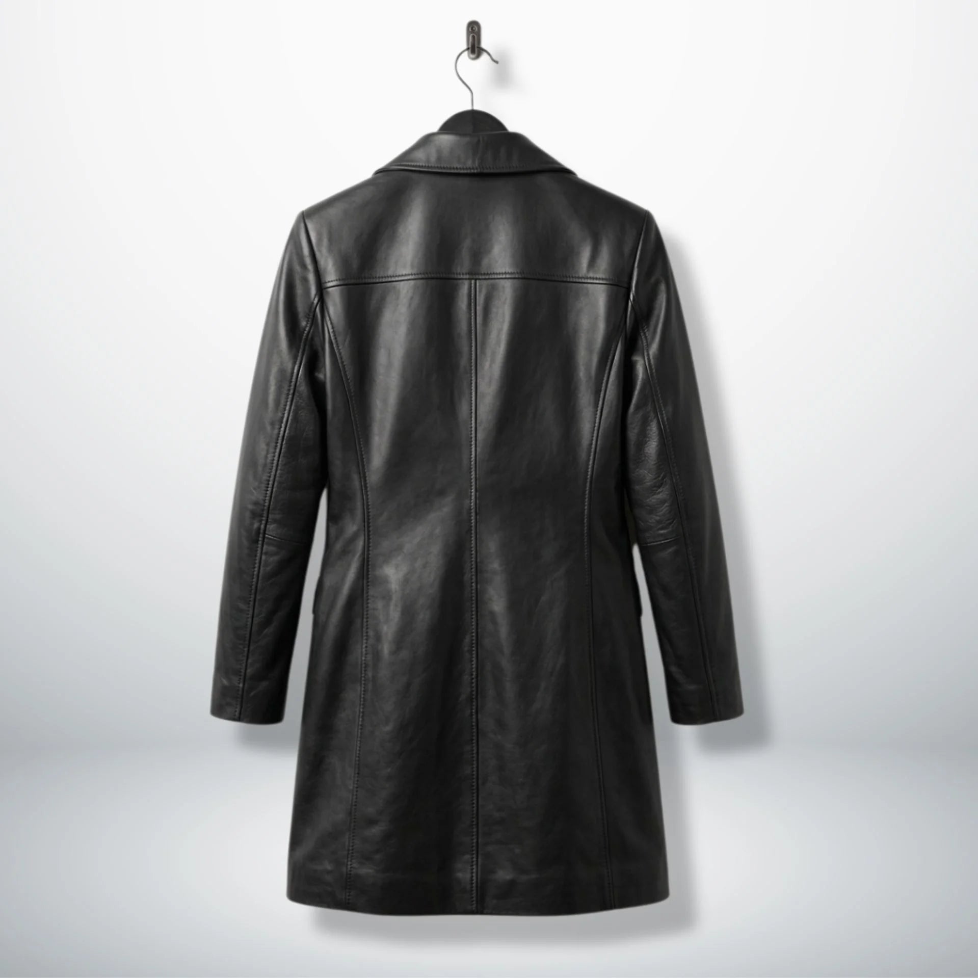Back view of longline black leather coat with tailored seams
