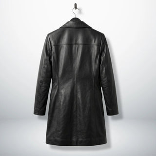 Back view of longline black leather coat with tailored seams