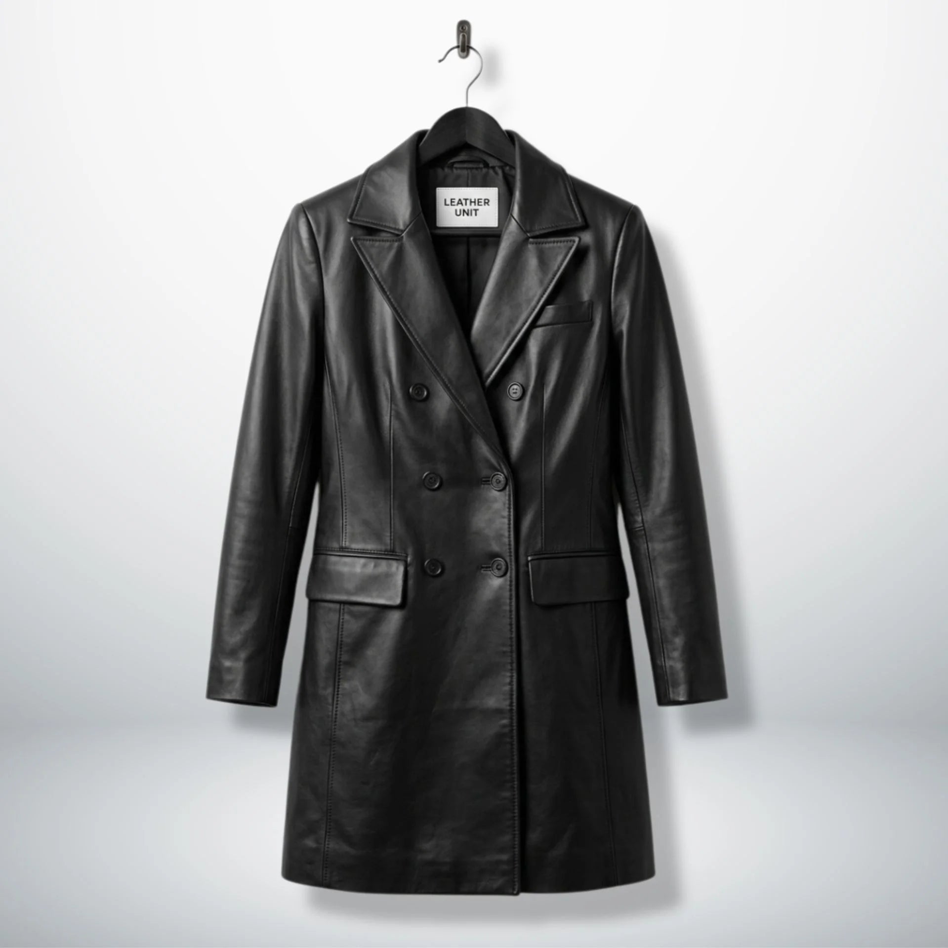 Front view of women’s double breasted black leather coat by Leather Unit