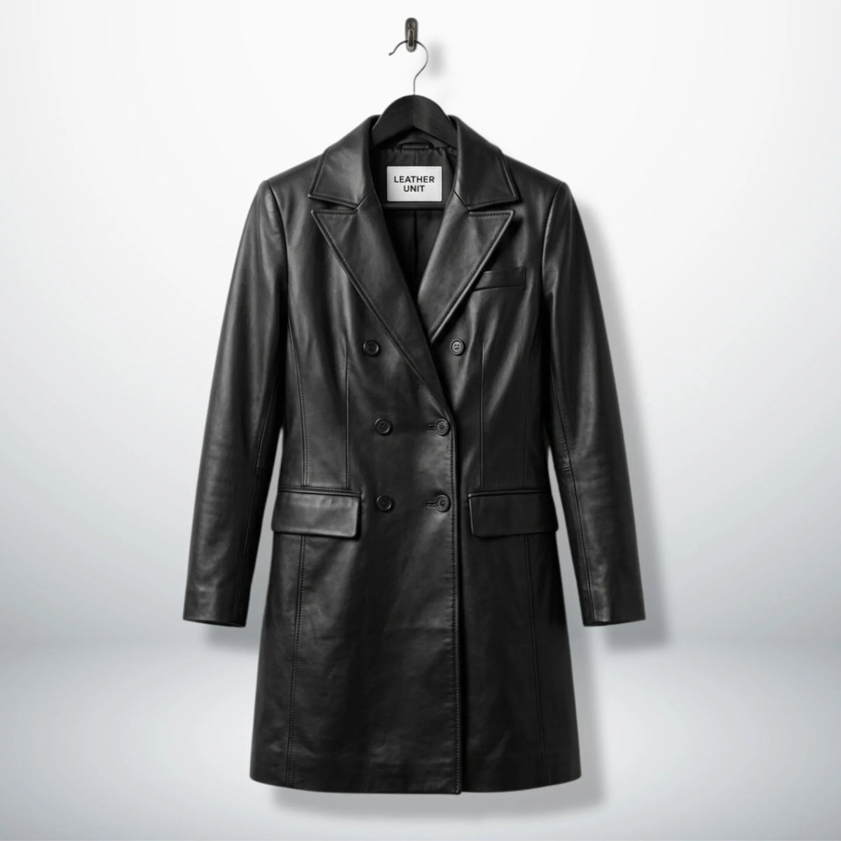 Front view of women’s double breasted black leather coat by Leather Unit