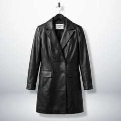 Front view of women’s double breasted black leather coat by Leather Unit