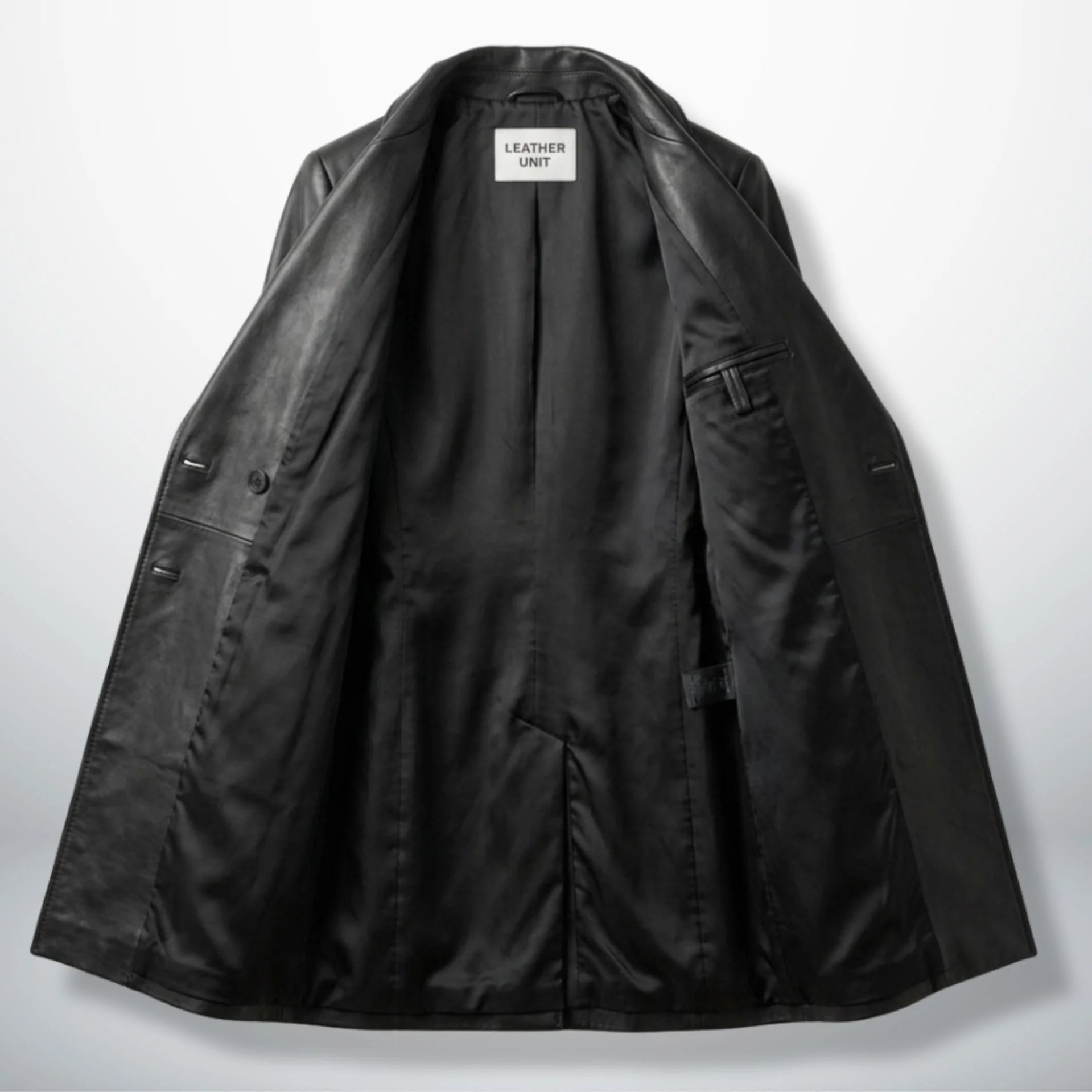 Inside lining of women’s black leather coat showing full black interior