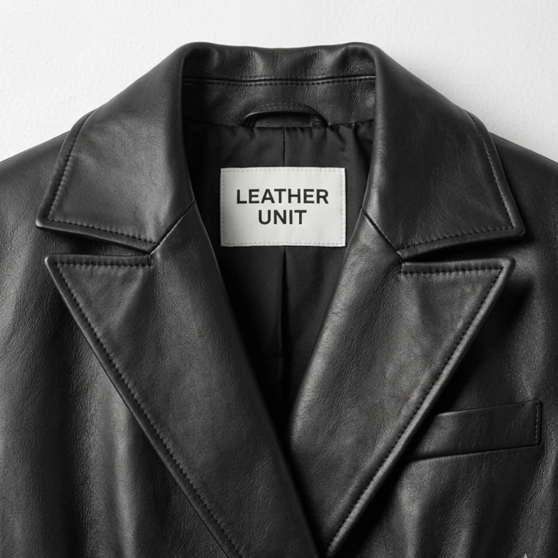 Close up of notch lapel collar and Leather Unit label on black leather coat