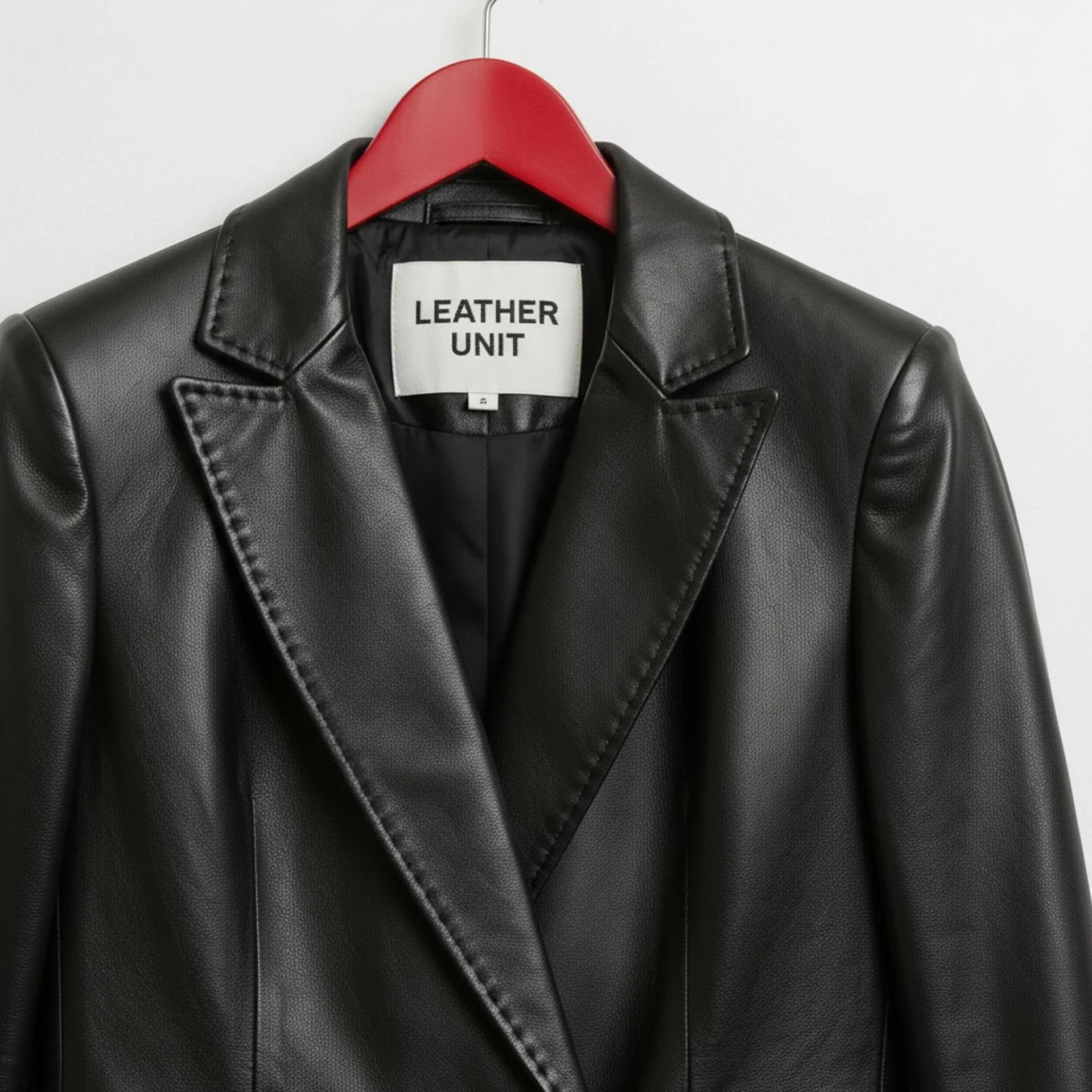 Close up of notched lapels and Leather Unit label on black leather blazer