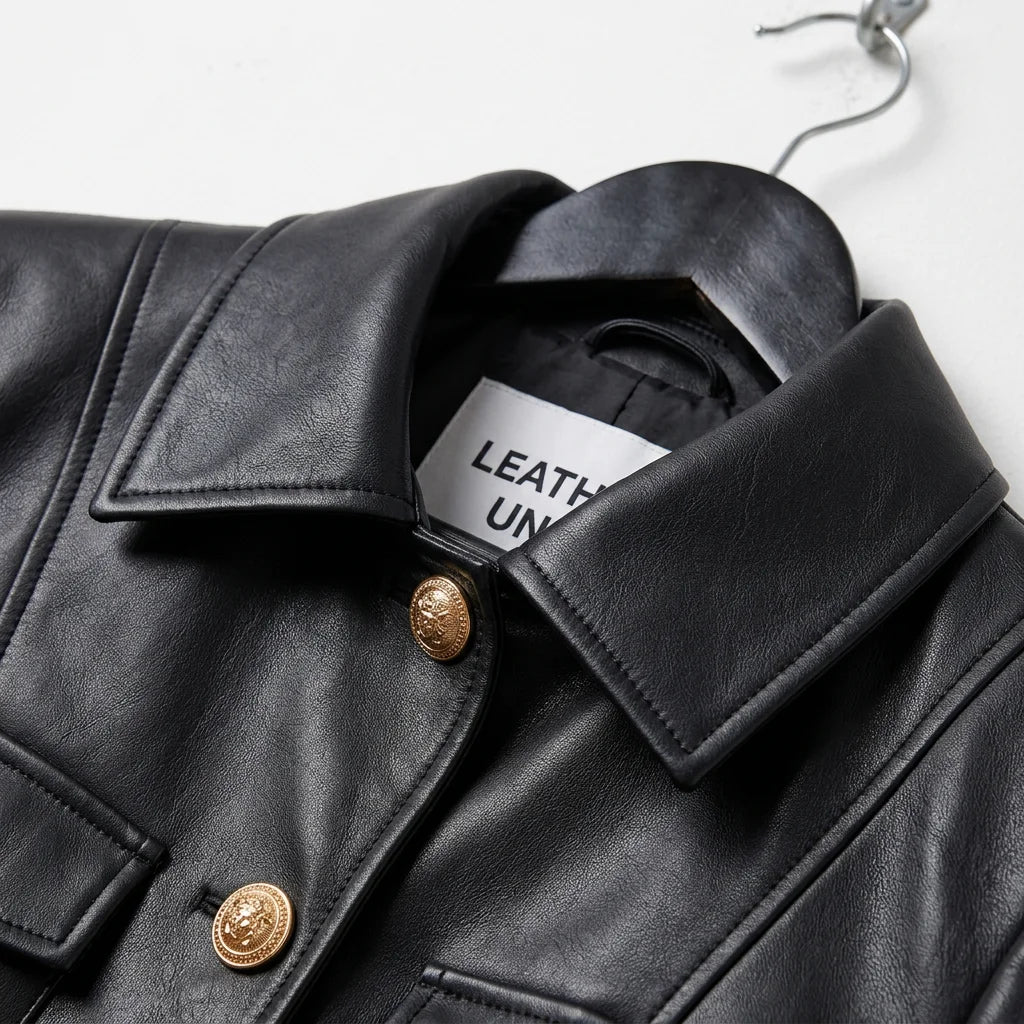 Close-up of collar and gold buttons on black leather military jacket