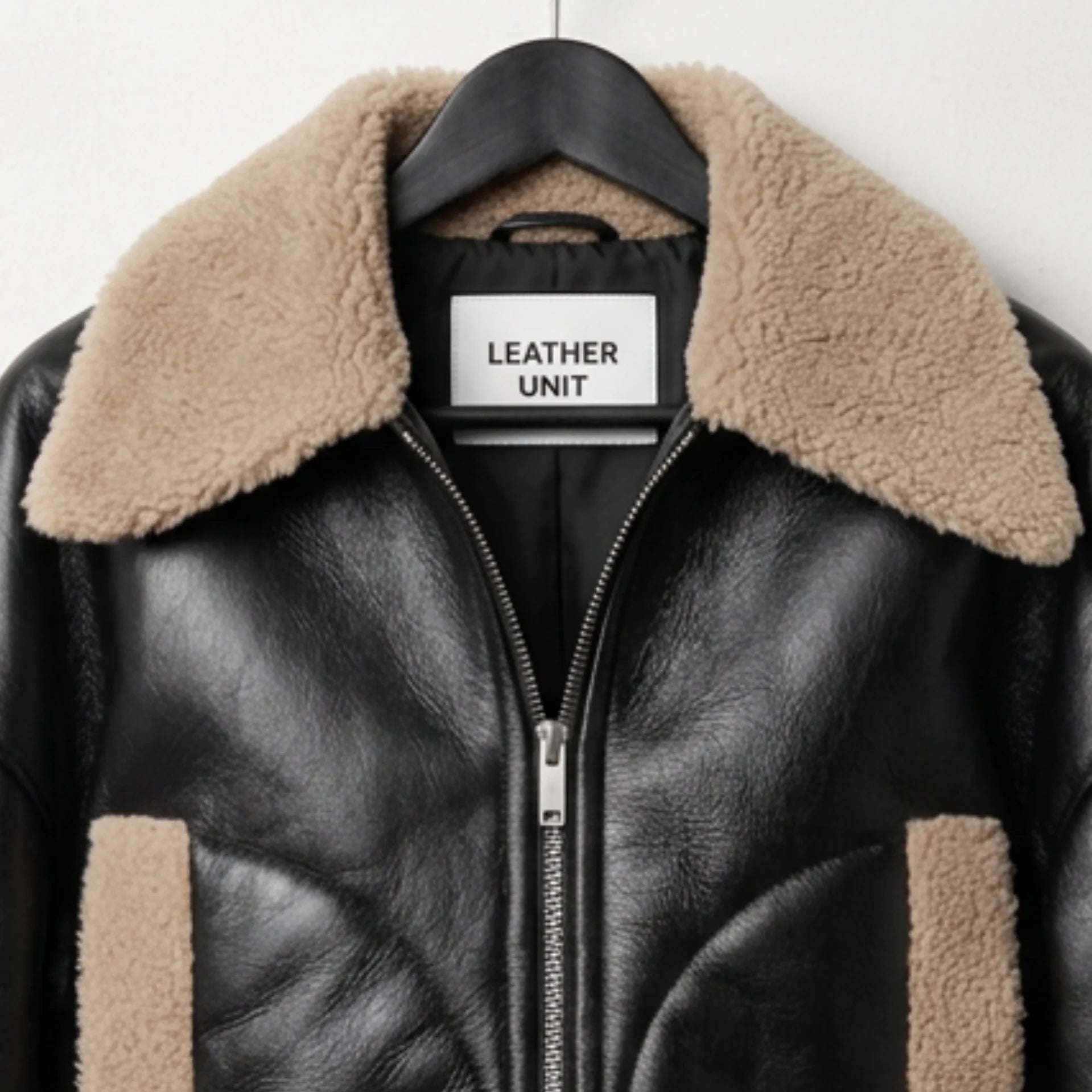 Detail of beige shearling collar on women’s black aviator leather jacket