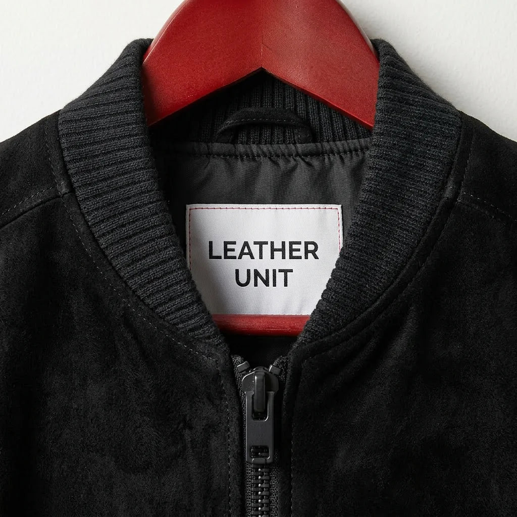 Close-up of ribbed collar on men's black suede bomber jacket by Leather Unit
