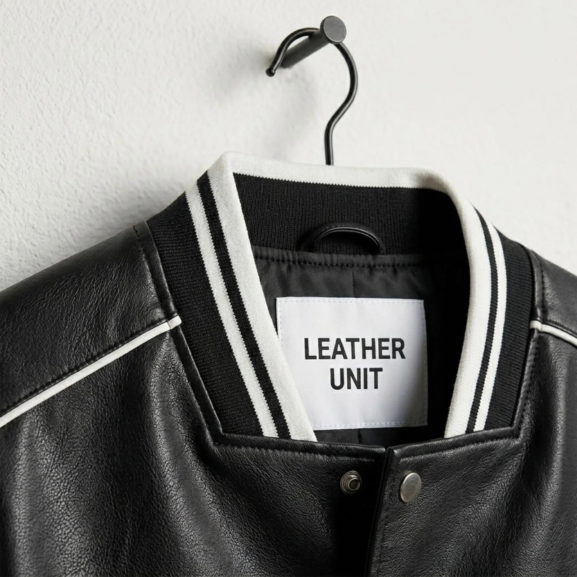 Striped rib knit collar detail on Leather Unit black and white varsity jacket