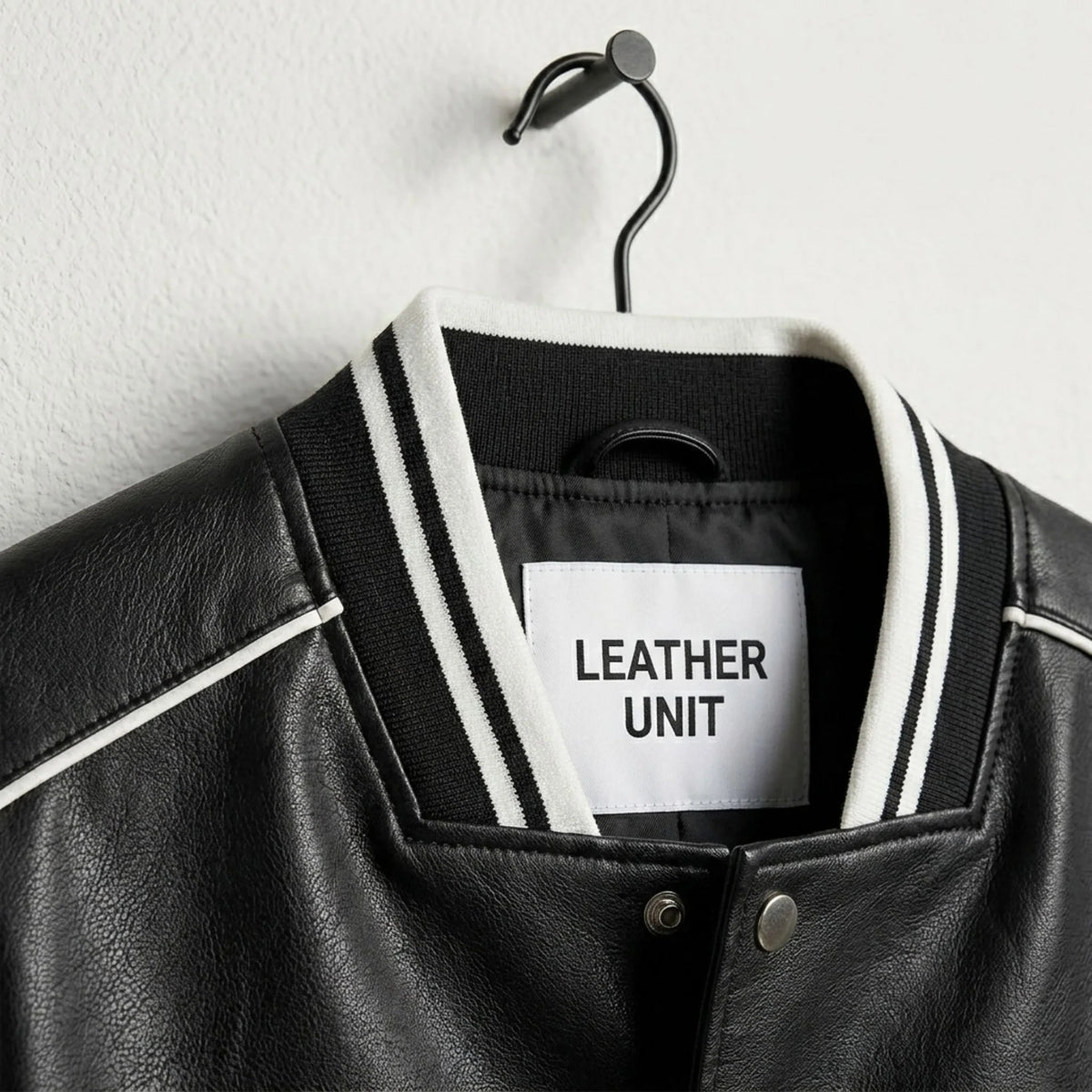 Striped rib knit collar detail on Leather Unit black and white varsity jacket