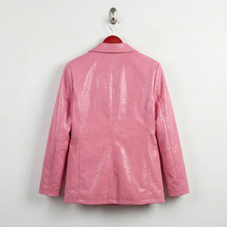 Back view of women’s blush pink crocodile embossed leather blazer