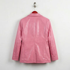 Back view of women’s blush pink crocodile embossed leather blazer