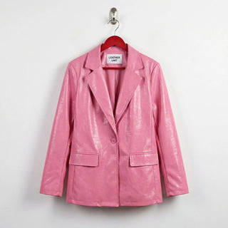 Front view of blush croc-embossed pink leather blazer for women by Leather Unit
