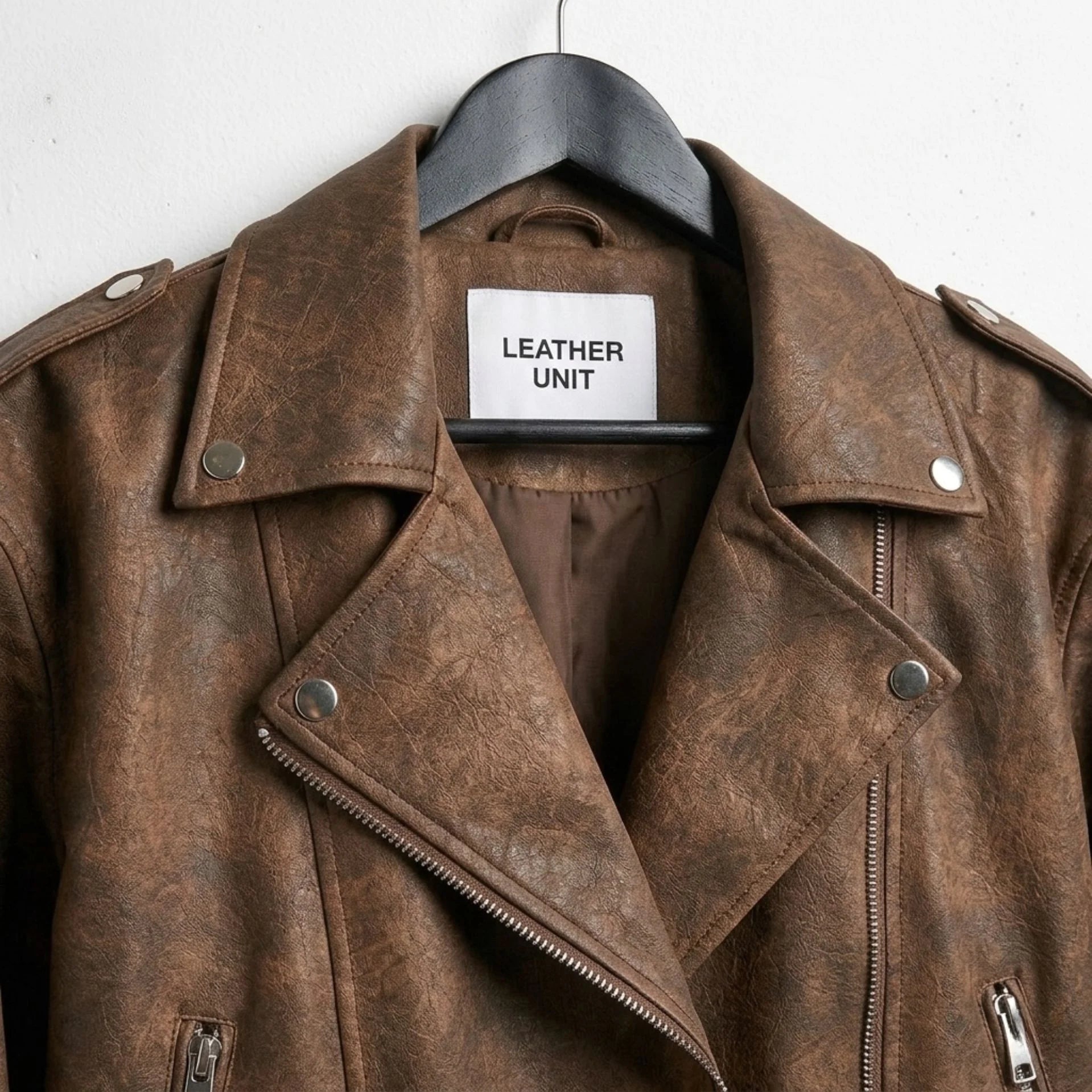 Notched lapel collar and epaulettes on Leather Unit brown biker jacket