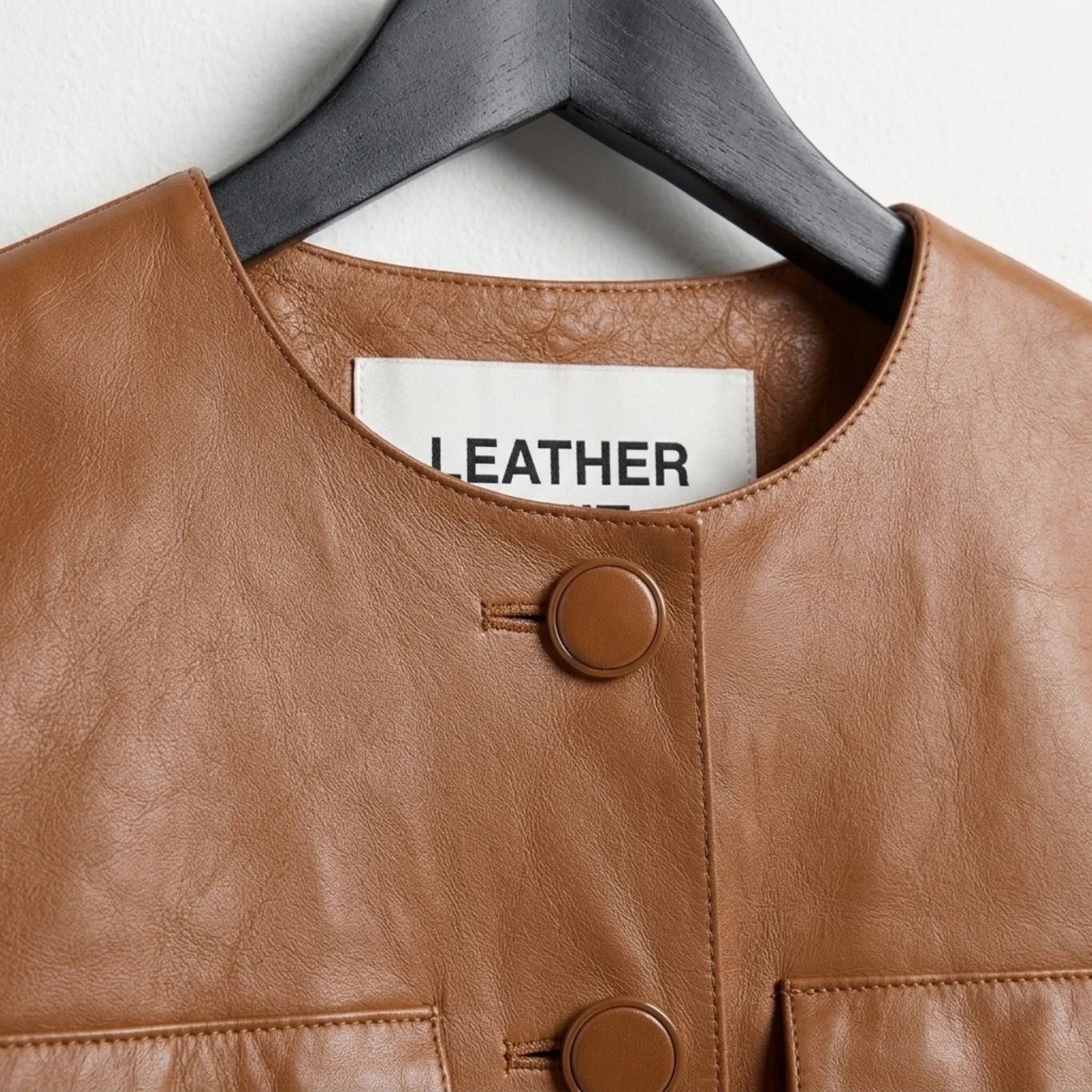 Close-up of round neckline and buttons on Leather Unit brown collarless jacket