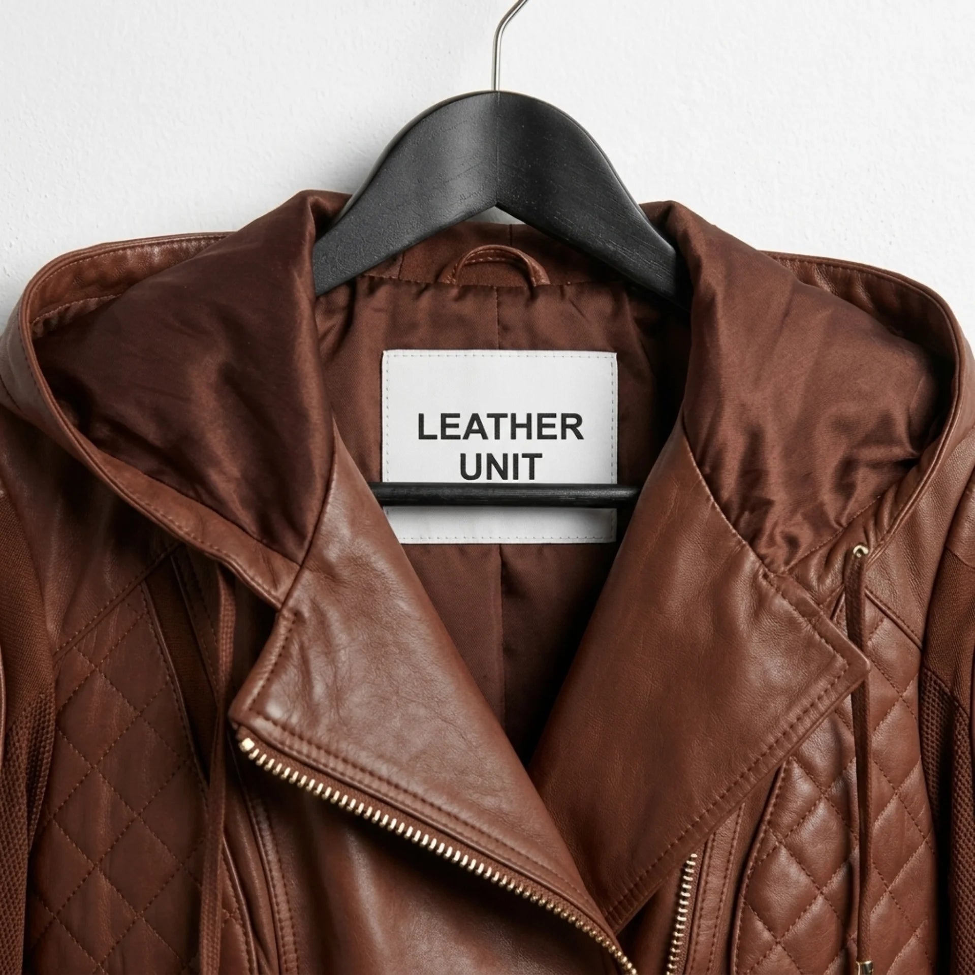 Women’s brown hooded moto leather jacket close-up of collar and brand label, quilted premium style.