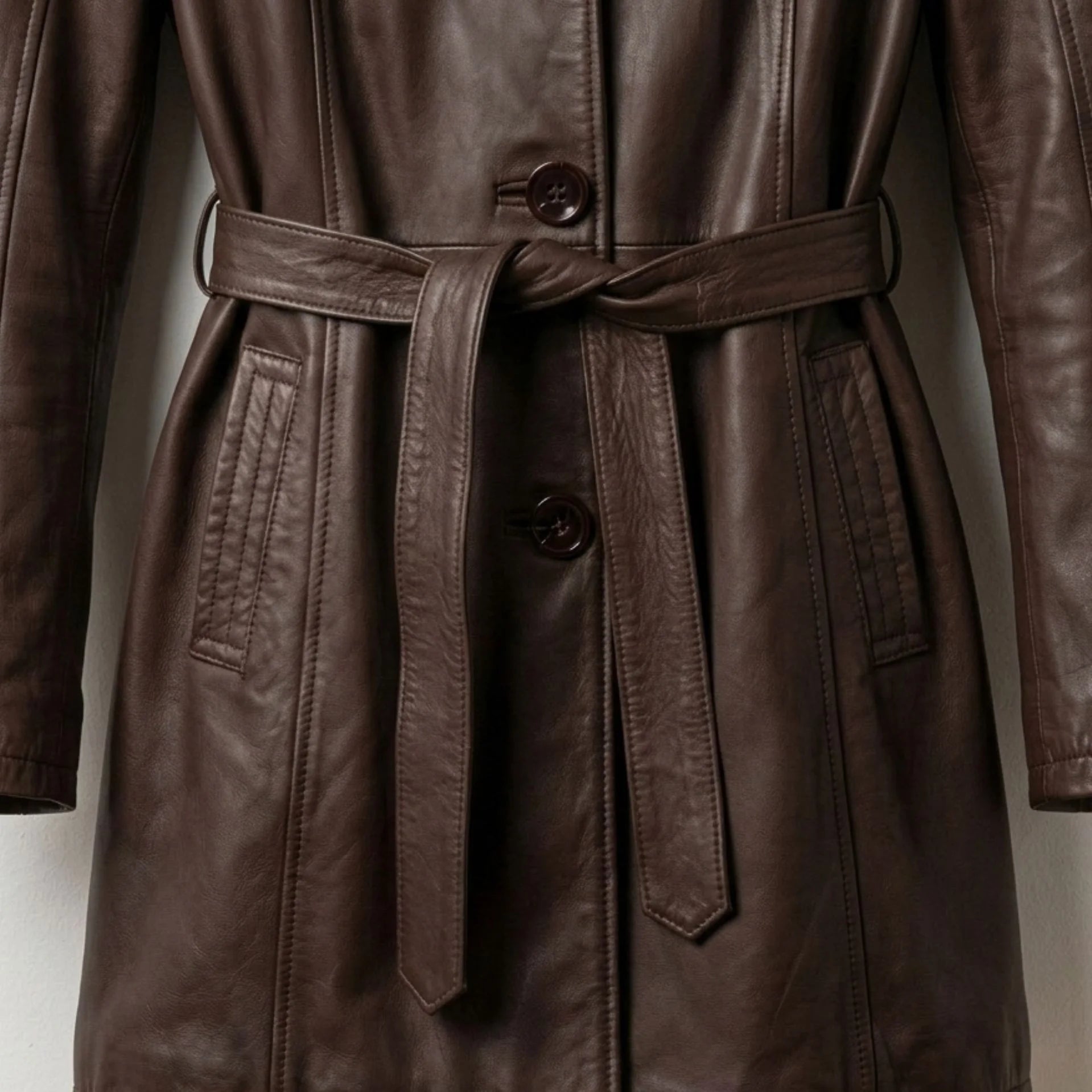 Belted waist and pocket detail on women’s brown leather button coat