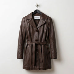 Front view of women’s brown leather belted coat by Leather Unit