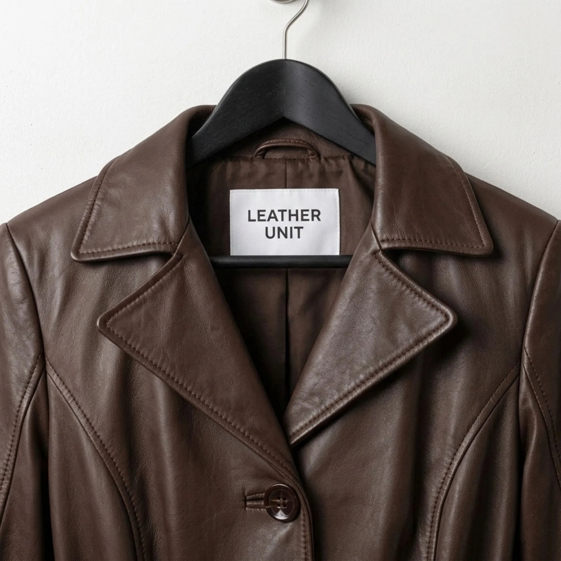 Close up of lapel collar and Leather Unit label on brown leather coat