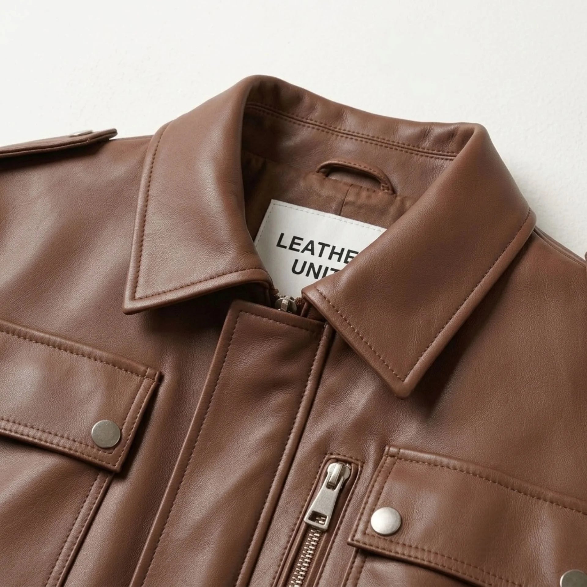 Close up of collar and shoulder epaulettes on Leather Unit brown leather jacket
