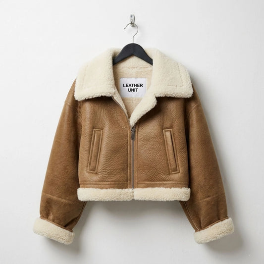 Front Side of Women’s brown cropped shearling aviator jacket