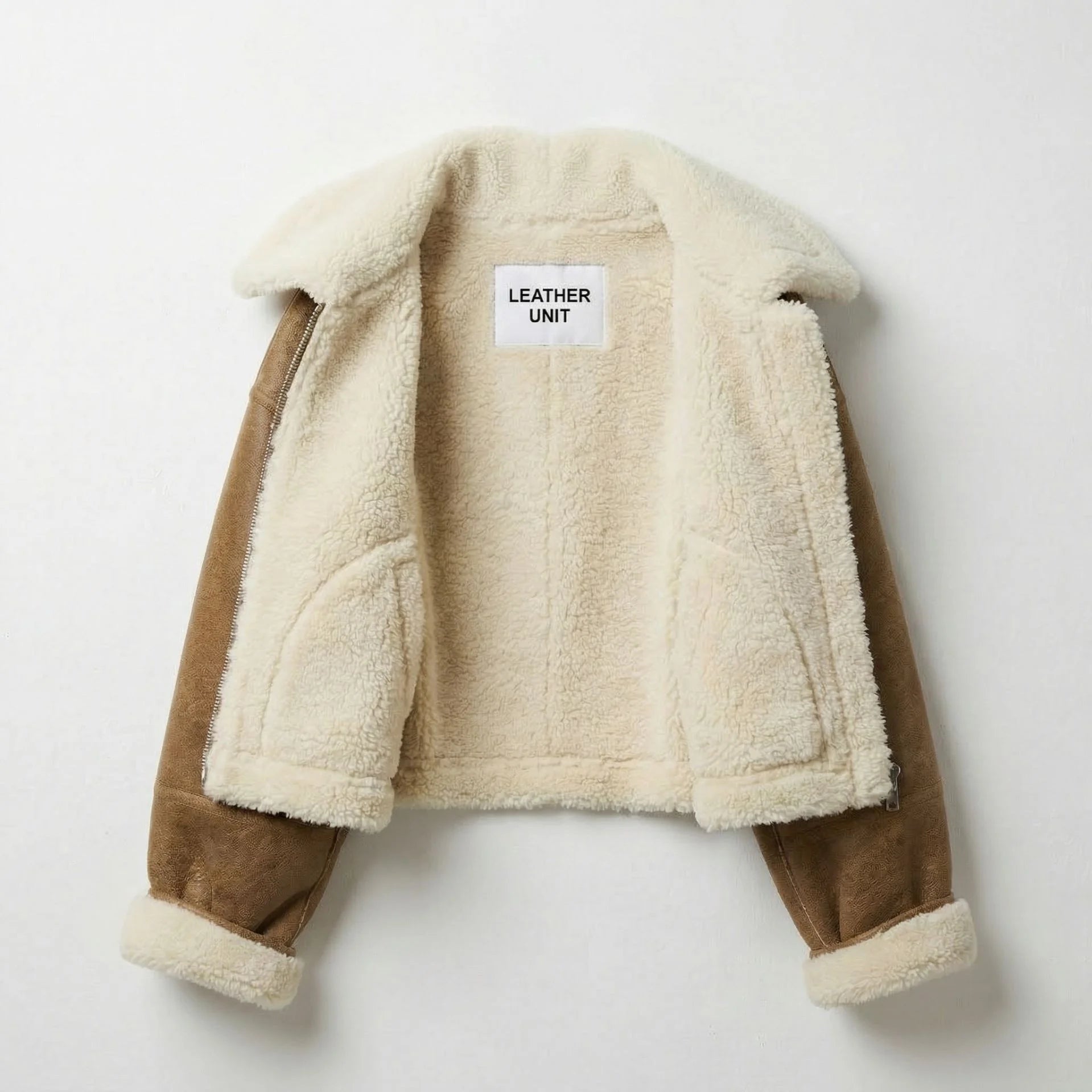 Women’s brown cropped shearling aviator jacket with Interior fur lining