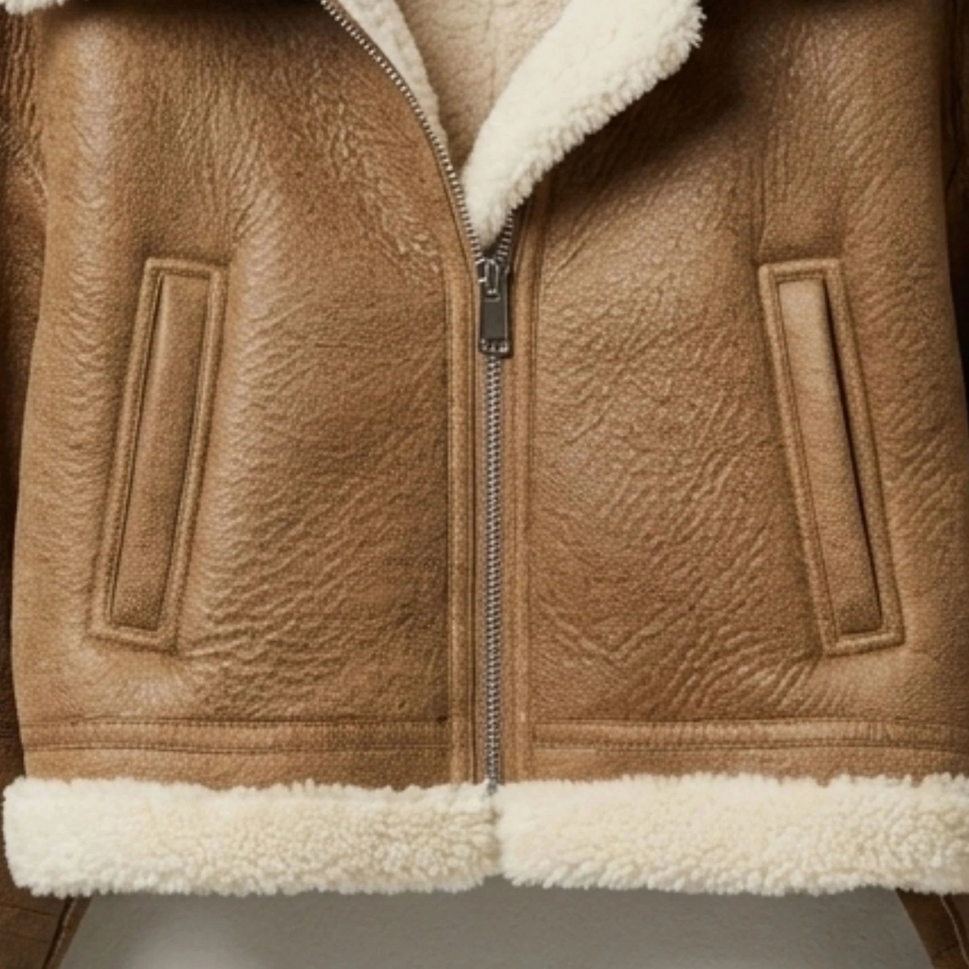 Women’s brown cropped shearling aviator jacket with zip front and side slit pockets