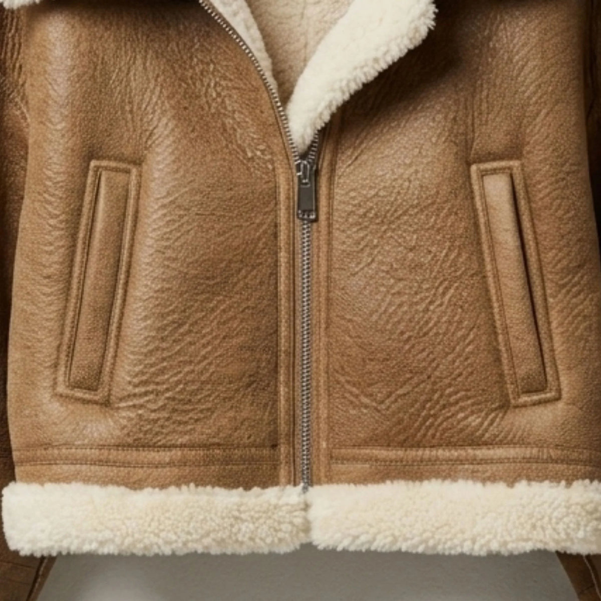 Women’s brown cropped shearling aviator jacket with zip front and side slit pockets