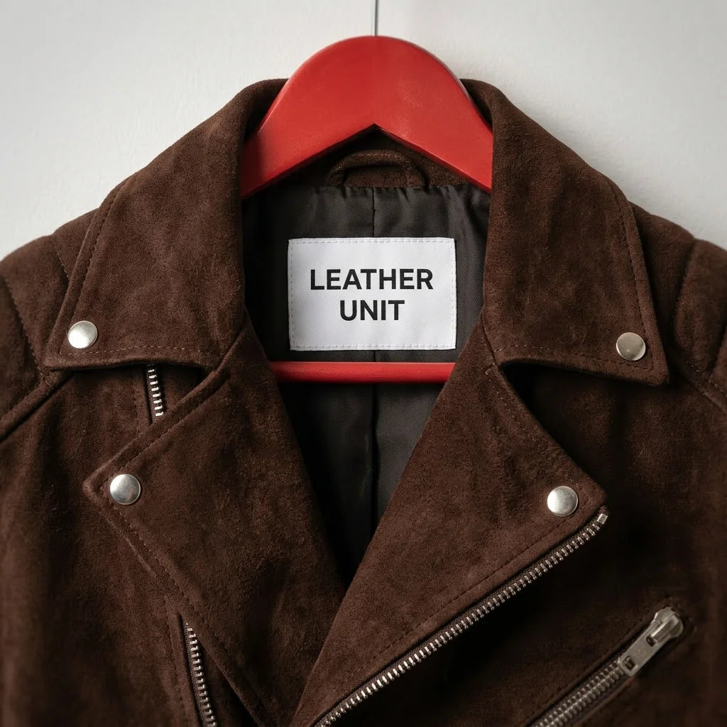 Lapel collar and branded label on men's brown suede biker jacket by Leather Unit