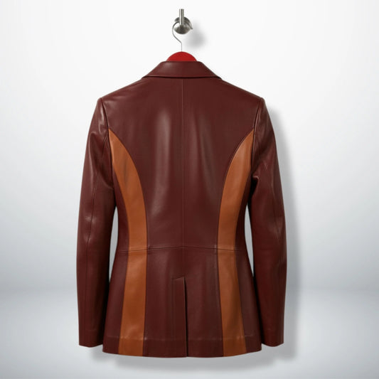 Back view of burgundy two‑tone leather blazer for women with curved camel panels