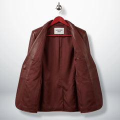 Inside lining of burgundy lambskin leather blazer jacket for women
