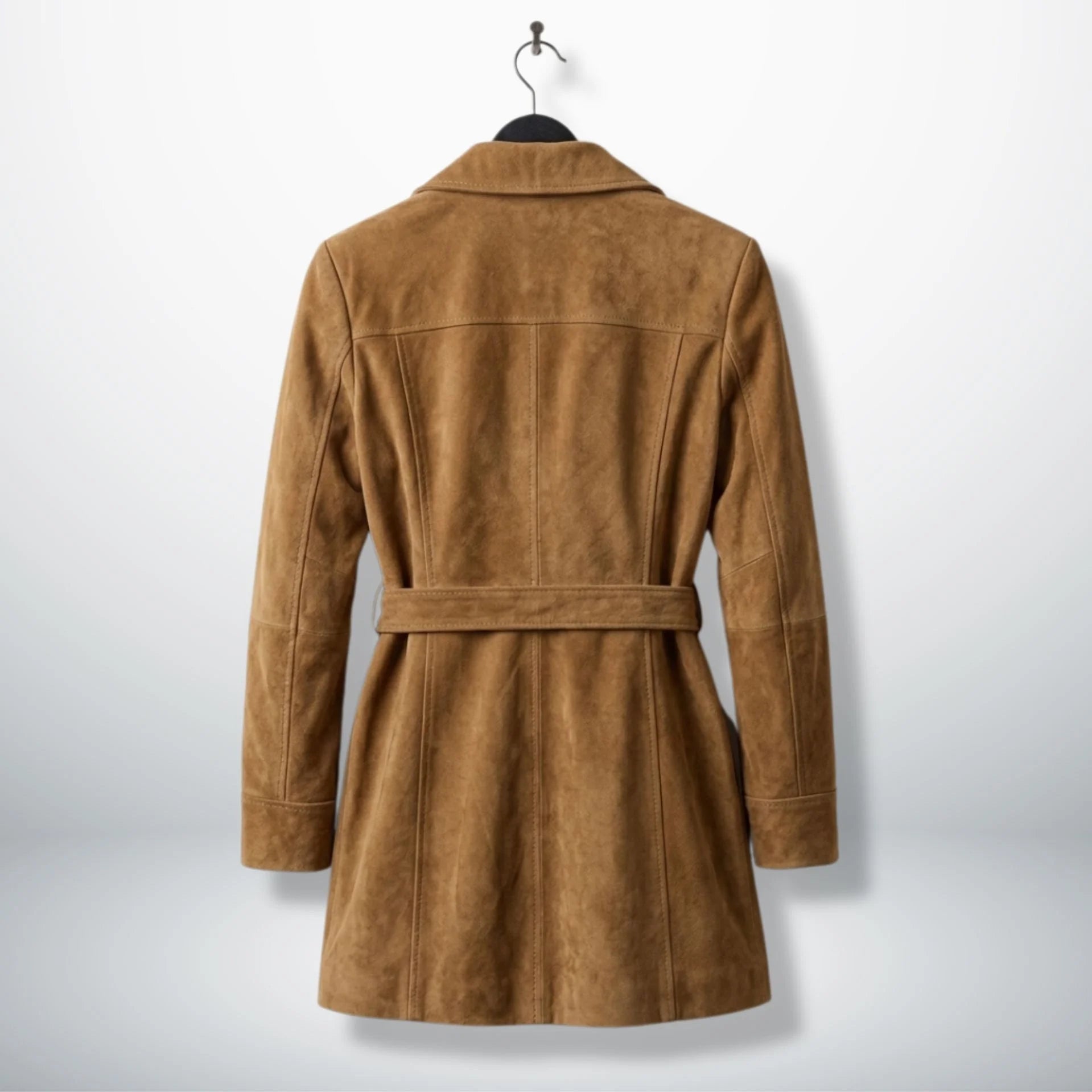 Back view of 3/4 length camel suede coat with belt