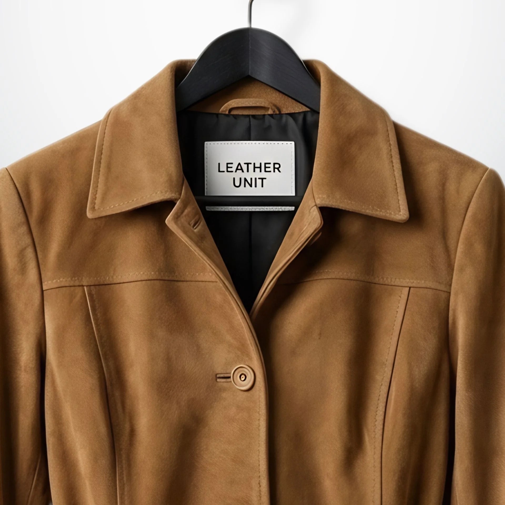 Close up of collar and Leather Unit label on camel suede coat