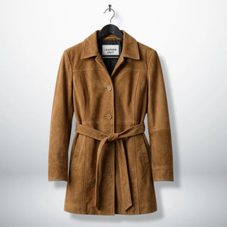 Front view of women’s camel brown suede belted coat by Leather Unit