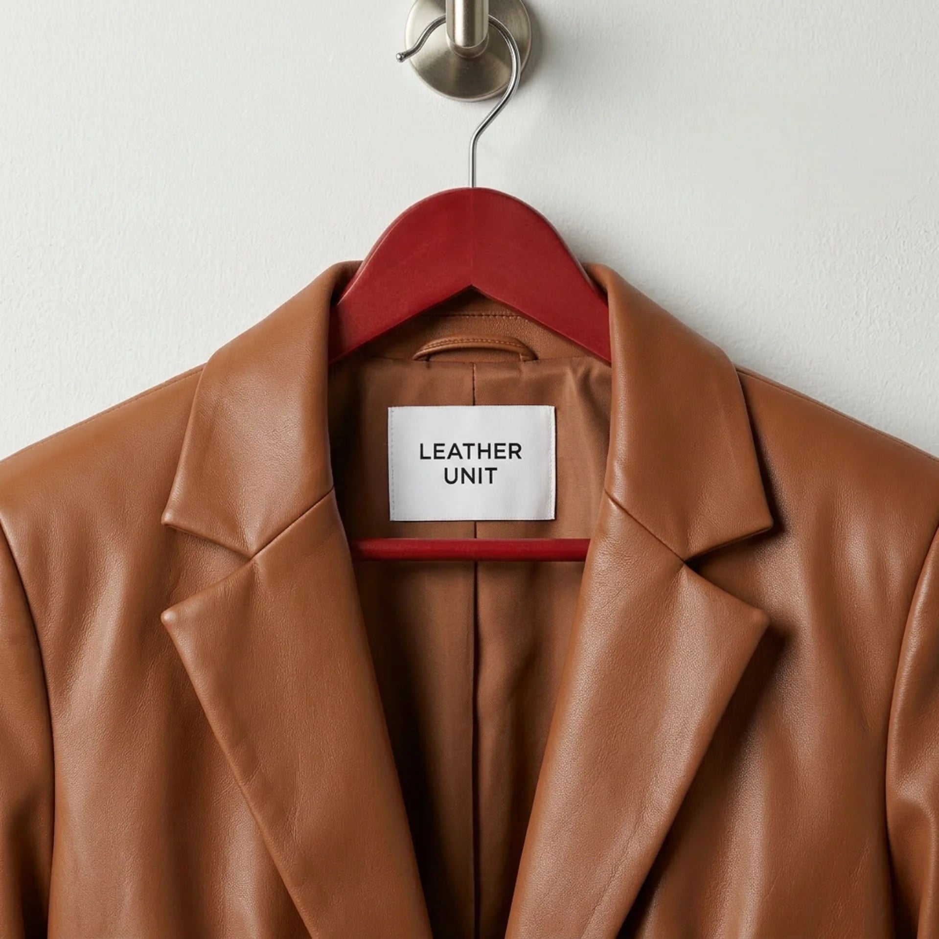 Close up of notched lapels and Leather Unit label on cognac leather blazer