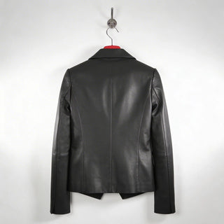 Back view of tailored black leather blazer jacket for women