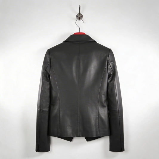 Back view of tailored black leather blazer jacket for women
