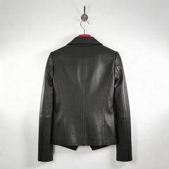 Back view of tailored black leather blazer jacket for women