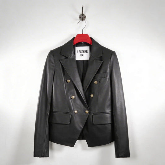 Front view of women’s double breasted black leather blazer with gold buttons by Leather Unit