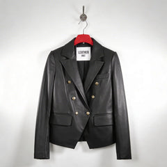Front view of women’s double breasted black leather blazer with gold buttons by Leather Unit