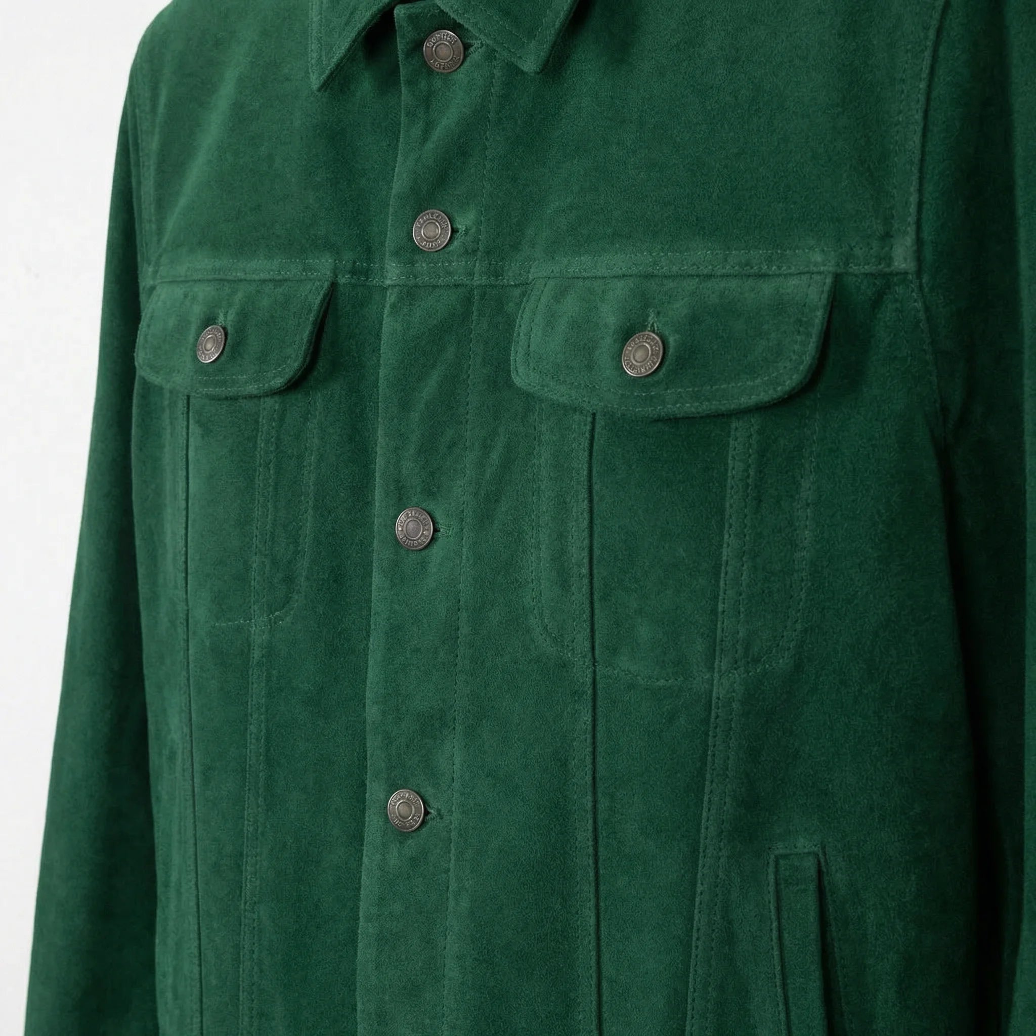Chest flap pocket and snap button detail on men's green suede trucker jacket