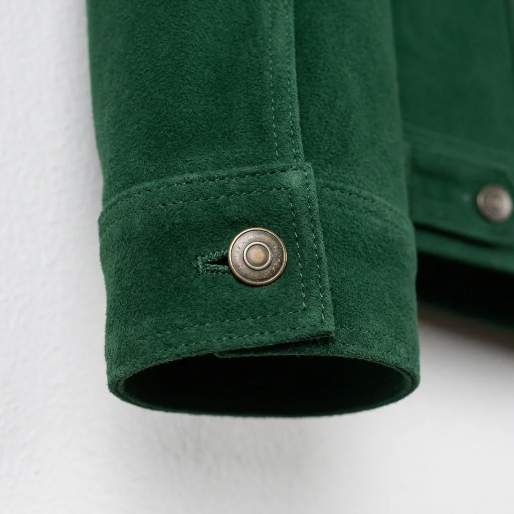 Cuff snap detail on men's green suede trucker jacket